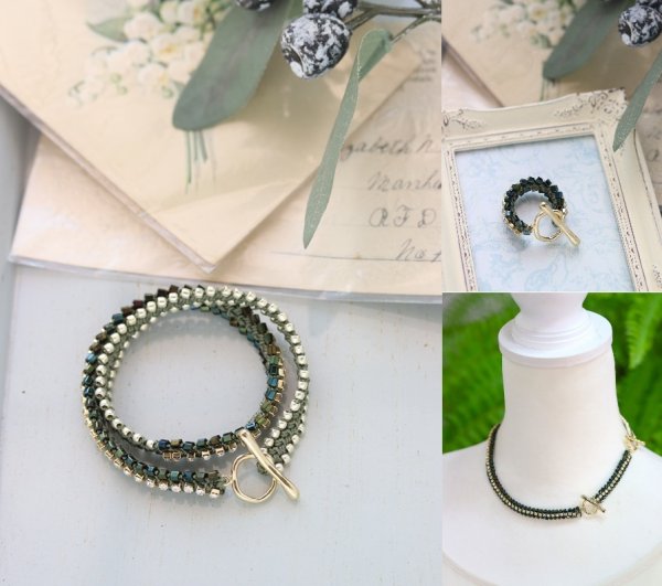 画像1: ダイヤレーンとえび編みコードのブレス/リング〜オリーブグリーン(オンライン講習会対象商品) (1)